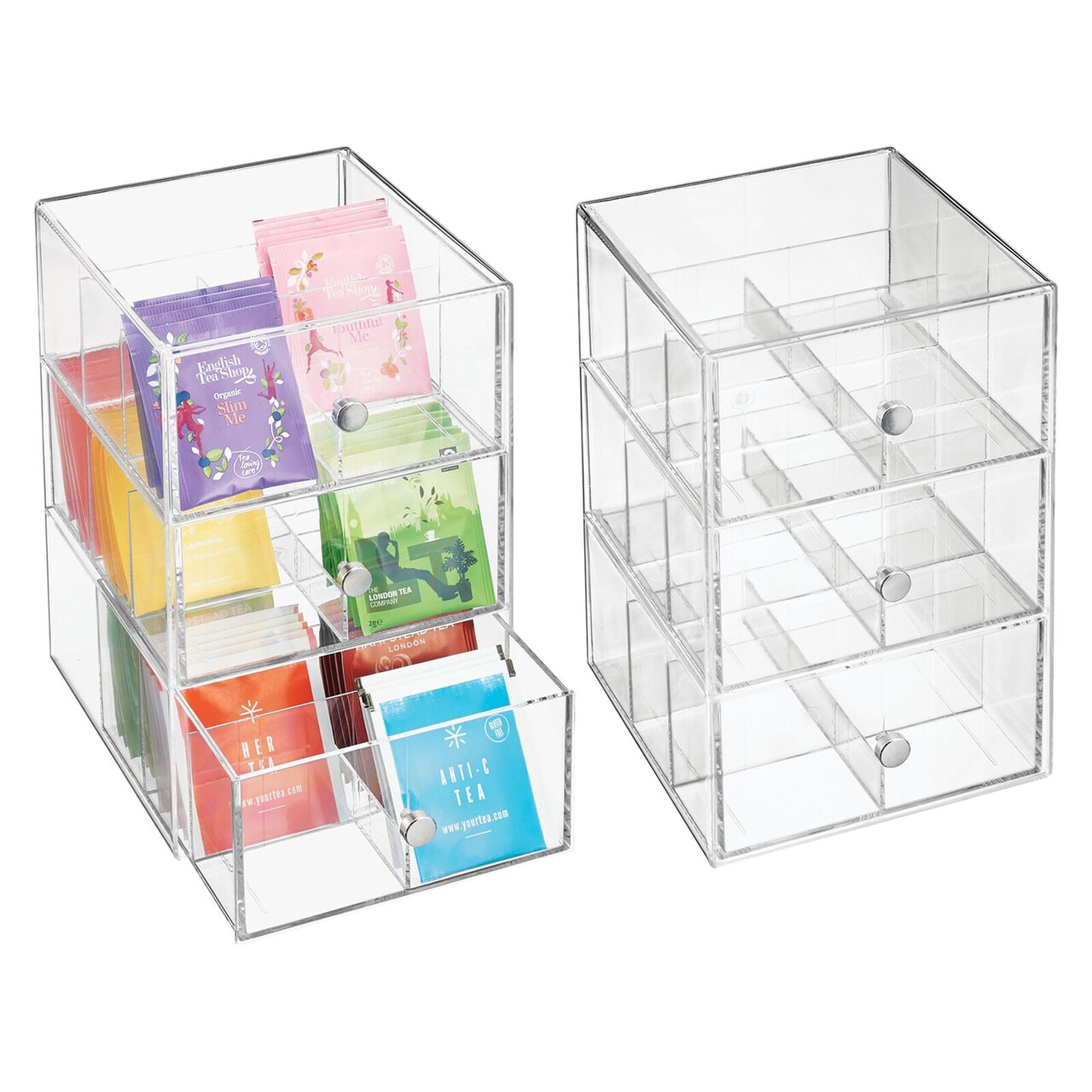 mDesign Wide Plastic Tea Organizer Tower for Kitchen, 3 Drawers - 2 Pack